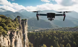 an aerial image of the flying remote controlled helicopter in the middle of the mountainous terrain