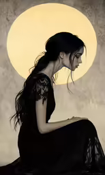 a young woman sitting in front of a full moon