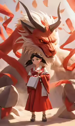 a beautiful woman in an orange dress standing beside a large creature