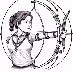 the young archer is shooting at an arrow,girl shooting an arrow with her bow and arrows,a woman with an arrow is shooting through the air,a drawing of a woman aiming an arrow,an image of a woman with archery aiming a bow