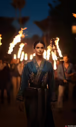 a woman with a lot of lit torches