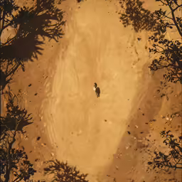 an animal standing in a dirt field with lots of trees