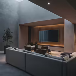 a long couch and some chairs in a room