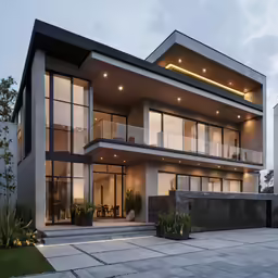 a large house with large glass walls and balcony