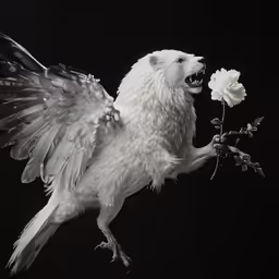an angel bird with wings outstretched and teeth wide open, holding a white rose