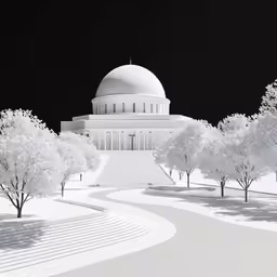 the white building has trees in front