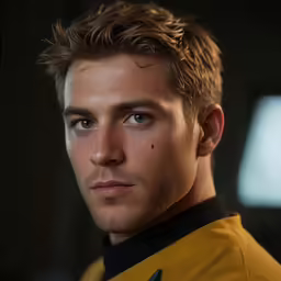 a young man in a yellow star trek uniform looking at the camera