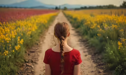 a woman is standing on the dirt road near a flower field
