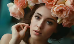 a woman with roses in her hair, looking into the camera