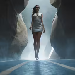 a woman walks between a two - way street in a futuristic fashion