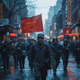 a man holding a red flag with two rows of men walking behind