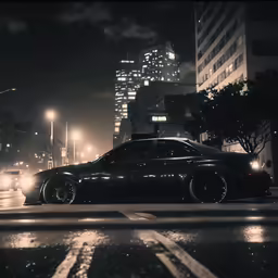 a black sedan driving in the rain near tall buildings