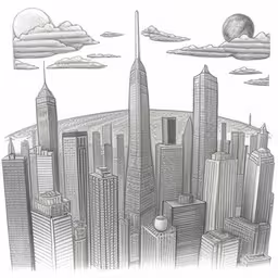 a drawing of a city with clouds and buildings,an illustration of a city with tall buildings