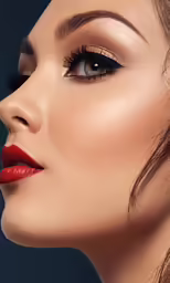 a model wearing red lipstick, dark hair and red lips
