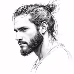 an illustration of a male in a messy ponytail with a bow on top