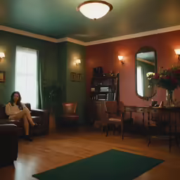 the interior of a living room with wood floors and green walls