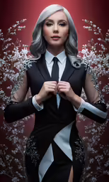 woman with silver hair wearing black and white