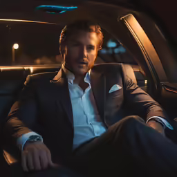 a man sitting inside of a car at night