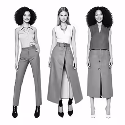 three women in different outfits and accessories, all wearing high waist pants