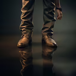 the reflection of a person in a pair of pants and boots