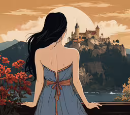 the girl in a dress looks out at a castle,there is a beautiful woman standing on the balcony