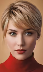 the blonde woman with the blue eyes looks straight ahead
