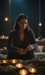 a woman sits on the ground looking down at her phone with lit candles scattered on her