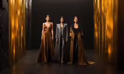 three models walking down a runway with yellow lights in the background