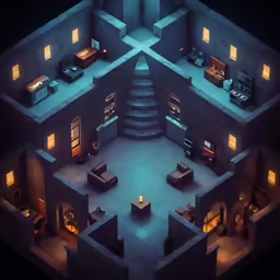 an overhead view of a living room, staircase and staircase way