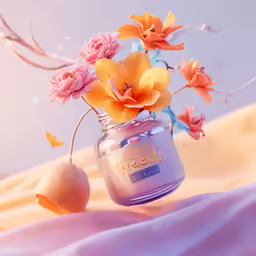 a vase with a variety of flowers sits atop a purple cloth