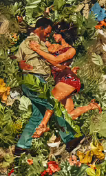 two people are dancing among plants and flowers