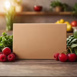 there is a square cutting board next to a bunch of berries and basil