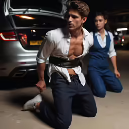 a man in overalls next to his wife in front of a car