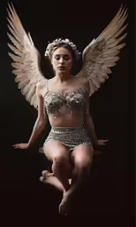 a woman in lingerie with wings on a black background