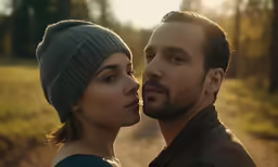 the man and woman are standing in a forest looking at each other