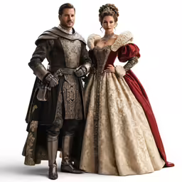 two actors dressed in historical costumes posing for a picture