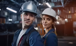 two workers wearing helmets and hard hats pose for a photo