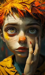 a woman with orange hair and white make - up