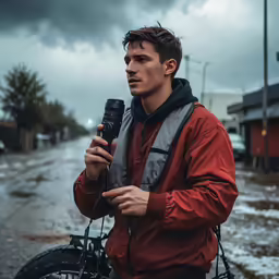 a man holding a microphone outside in the snow