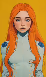 a red - headed girl with a blue dress sits close to a yellow background