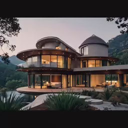 an unusual home in the mountains at twilight