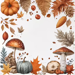 a watercolor painting of autumn mushrooms, acorns and leaves