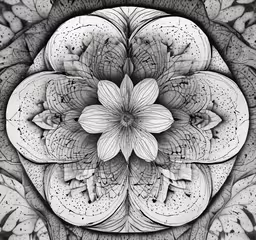 an intricate flower design in black and white,a large circular flower in black and white