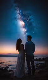 two people looking up at the sky with stars and the milky behind them