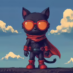 a cute cat in goggles stands on a hill