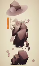 an abstract graphic art piece with large boulders and tiny balls