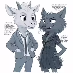 a cartoon of an adult wolf and a young person in business clothes