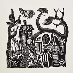 black and white illustration of various objects including a bird,an artistic art piece, depicting some animals