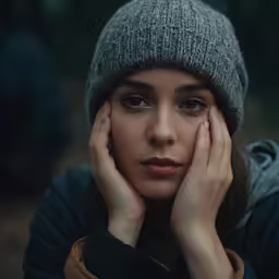 a woman with a beanie on top of her head