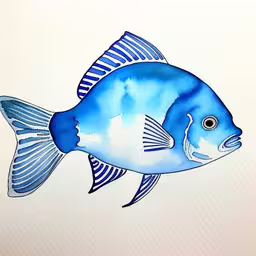 a blue fish on a white background,this is a drawing of a blue fish,a blue fish sitting on top of a white surface,a drawing of a blue and white fish on paper,a drawing of a blue fish with white and blue stripes
